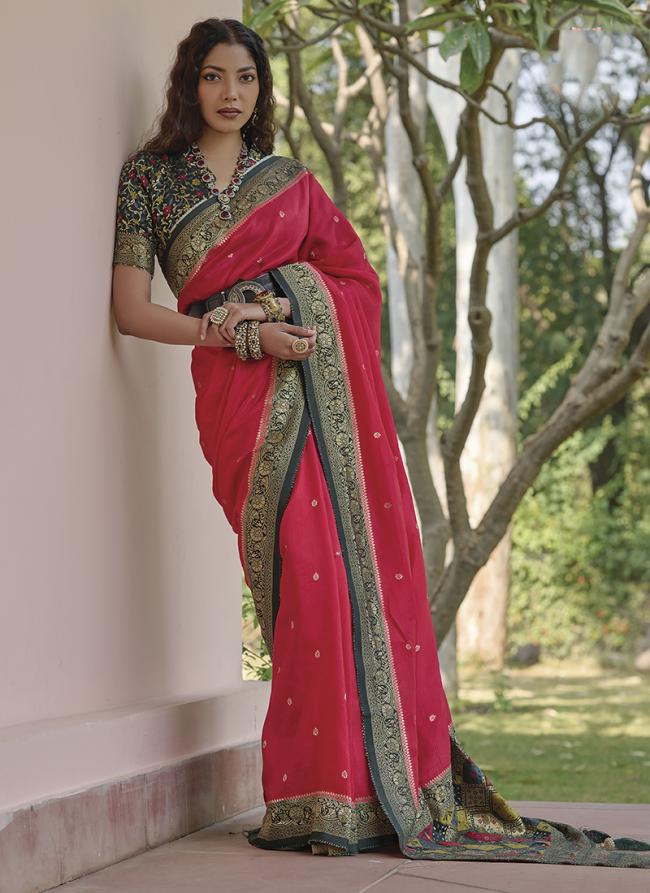 Viscose Hot Pink Party Wear Weaving Saree